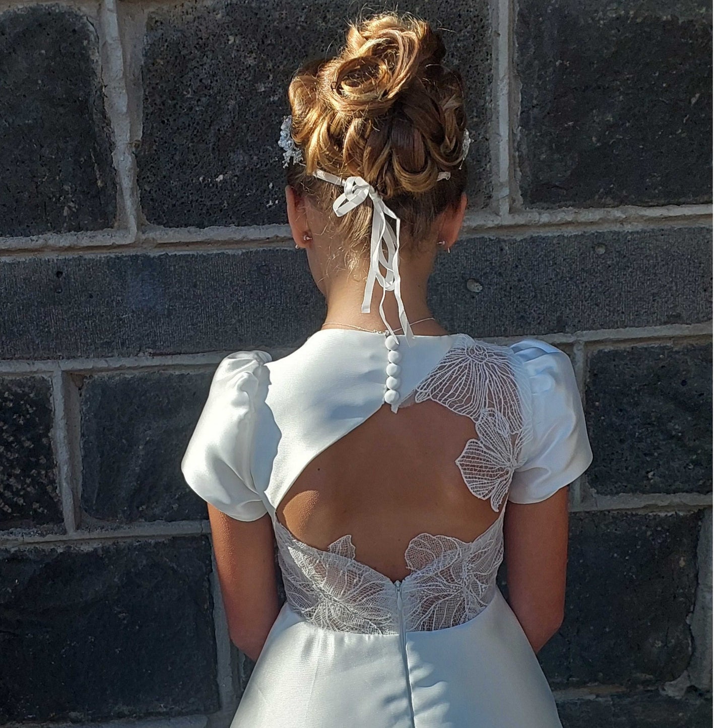 lace back communion dress