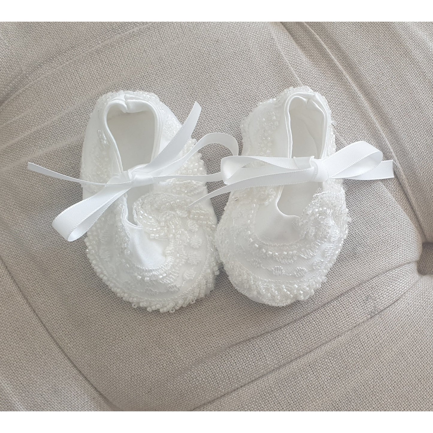Handmade beaded lace baptism shoes