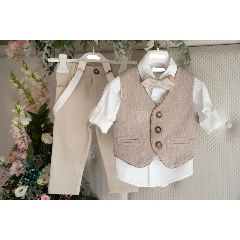 Baby boys beige first birthday outfit
