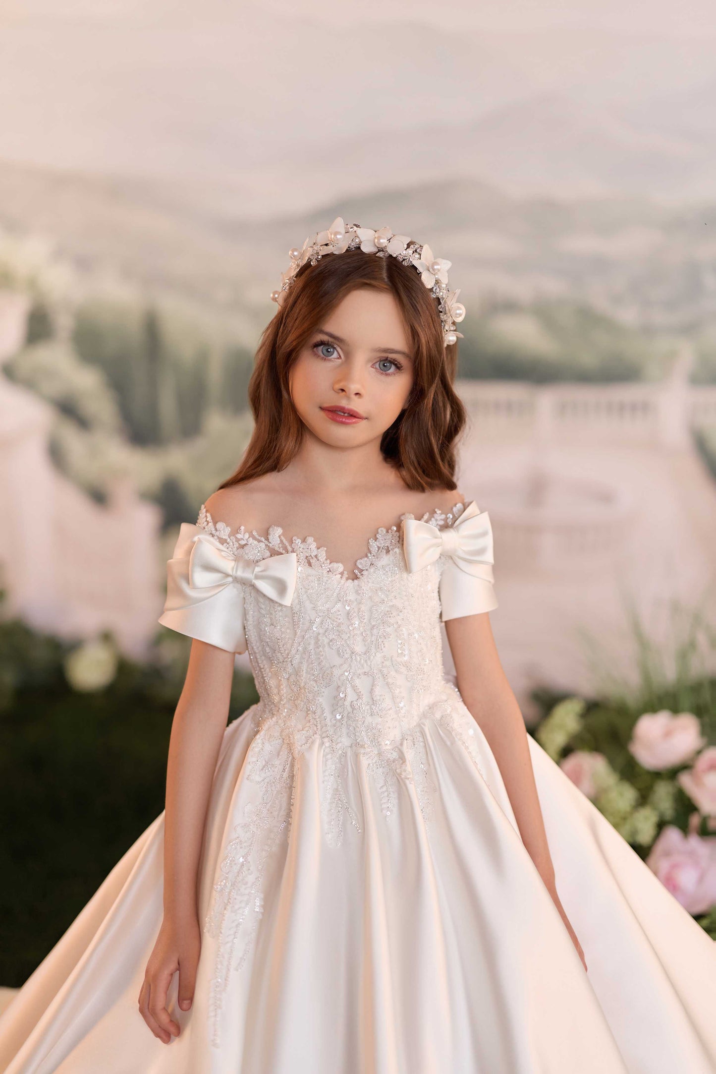Naomi girls Communion dress in elegant ivory with embellished bodice