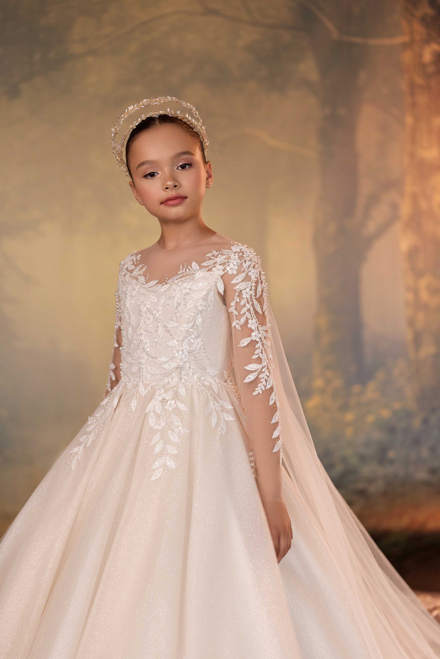 Close-up of sheer long sleeves and sweetheart bodice with intricate white leaf lace embroidery.