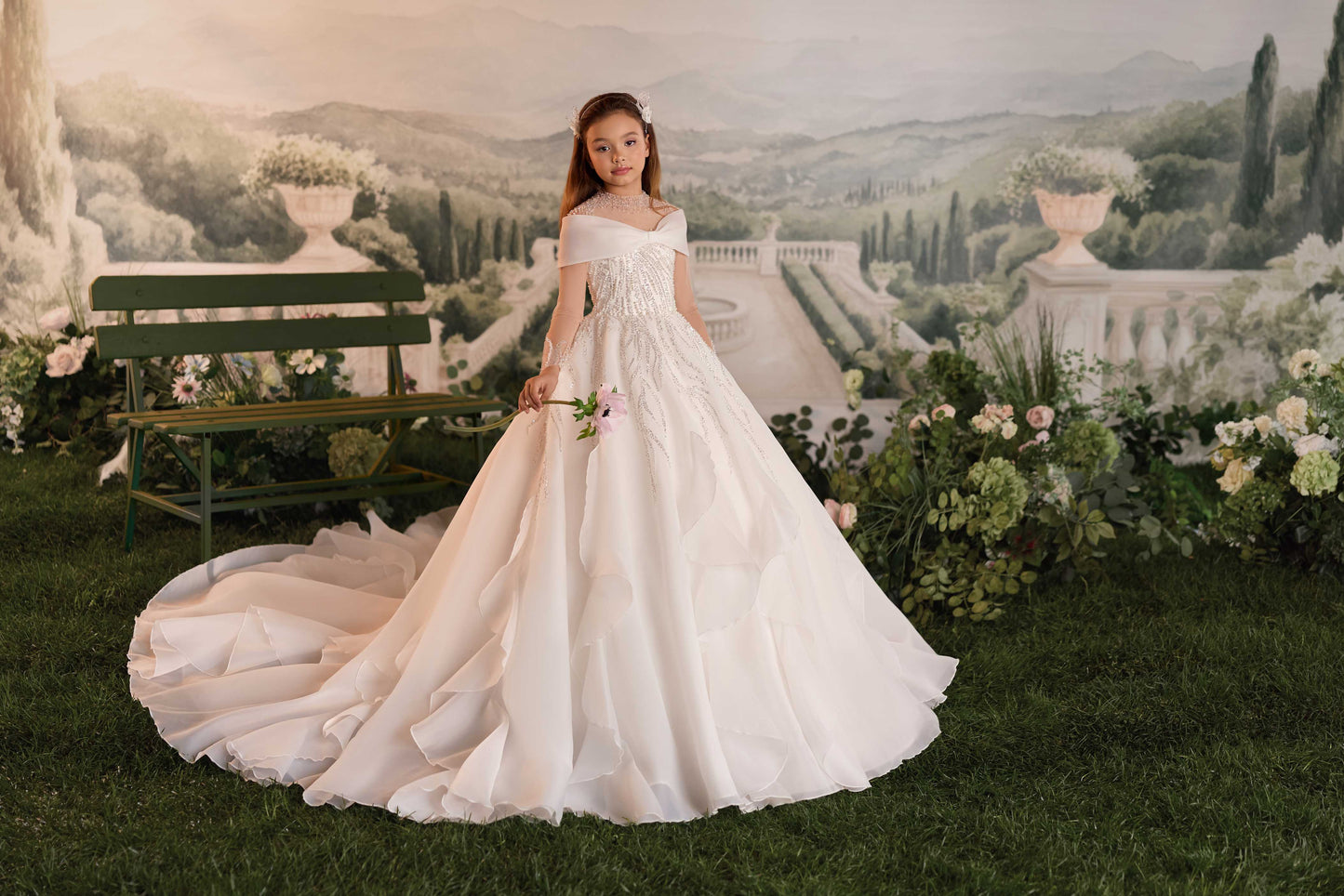 Emery luxury flower girl dress with off-the-shoulder neckline and full skirt
