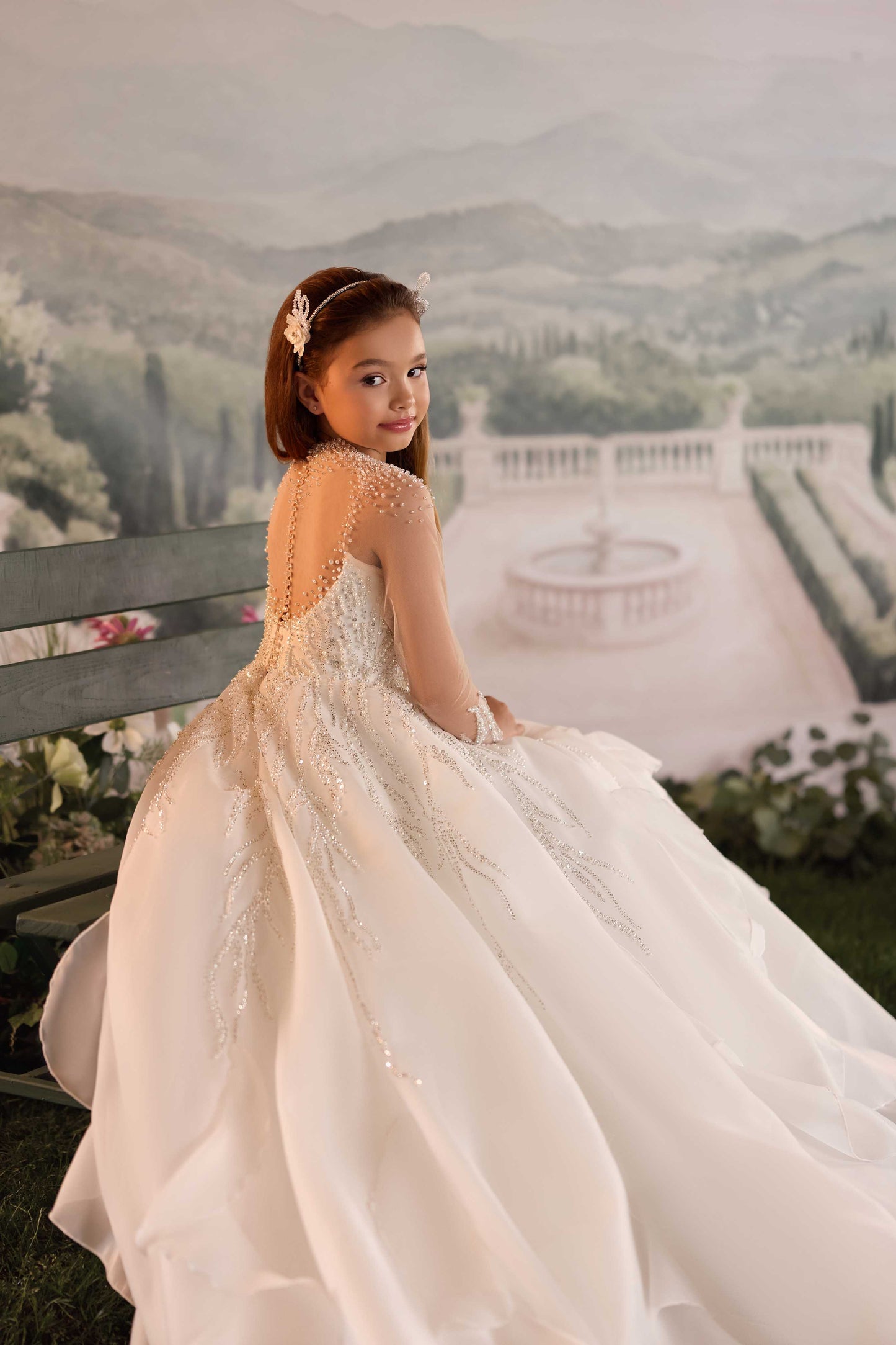Emery couture flower girl gown with elegant ivory flowing skirt