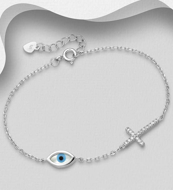 925 Sterling Silver Cross & Eye Bracelet with CZ and Shell Accents