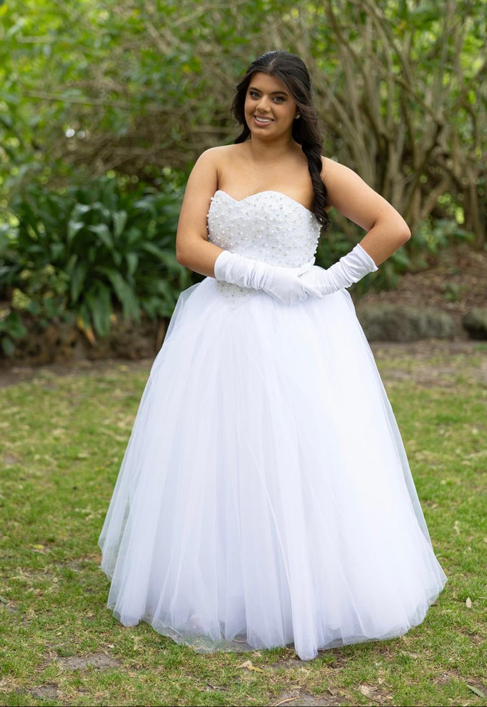 debutante gown with beaded strapless top