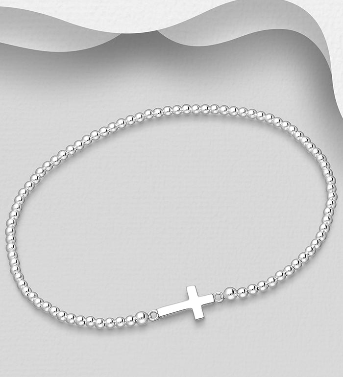 925 Sterling Silver Ball & Cross Stretch Bracelet | Elegant Religious Gift Bracelet