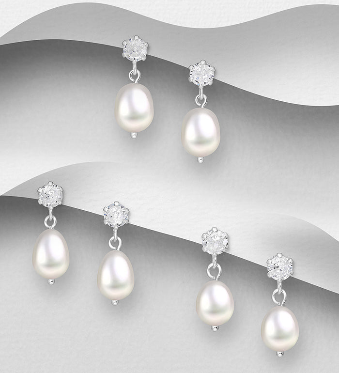 925 Sterling Silver Freshwater Pearl & CZ Push-Back Earrings