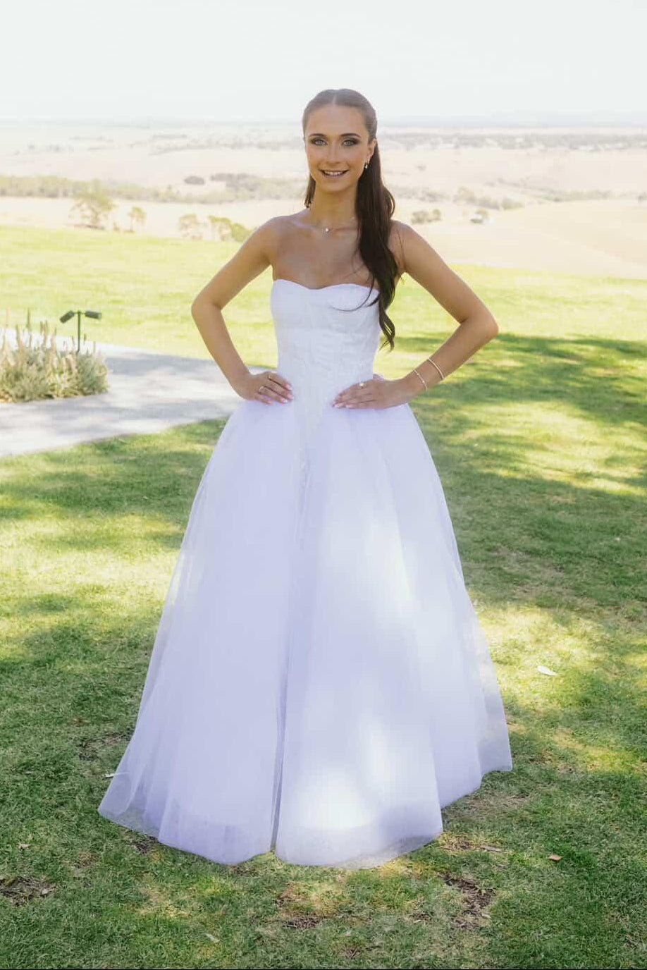 white beaded lace tulle deb dress