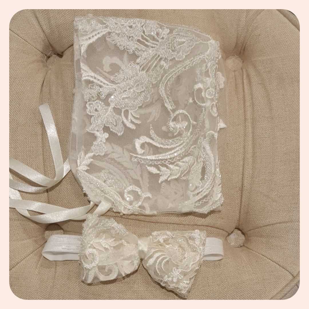 girls Baptism Bonnet and headband