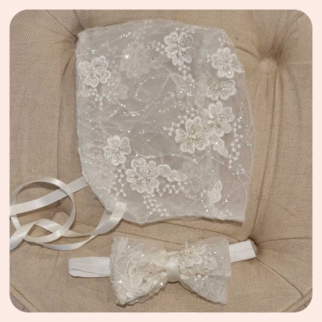 ivory Lace Beaded girls baprism Bonnet adn headband