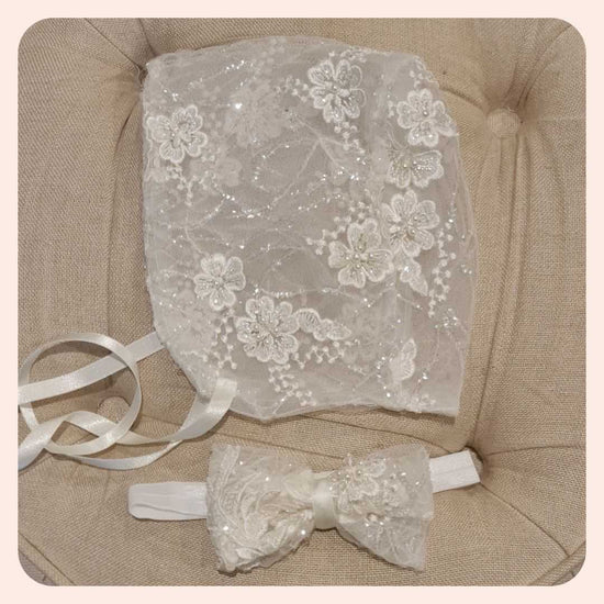 ivory Lace Beaded girls baprism Bonnet adn headband