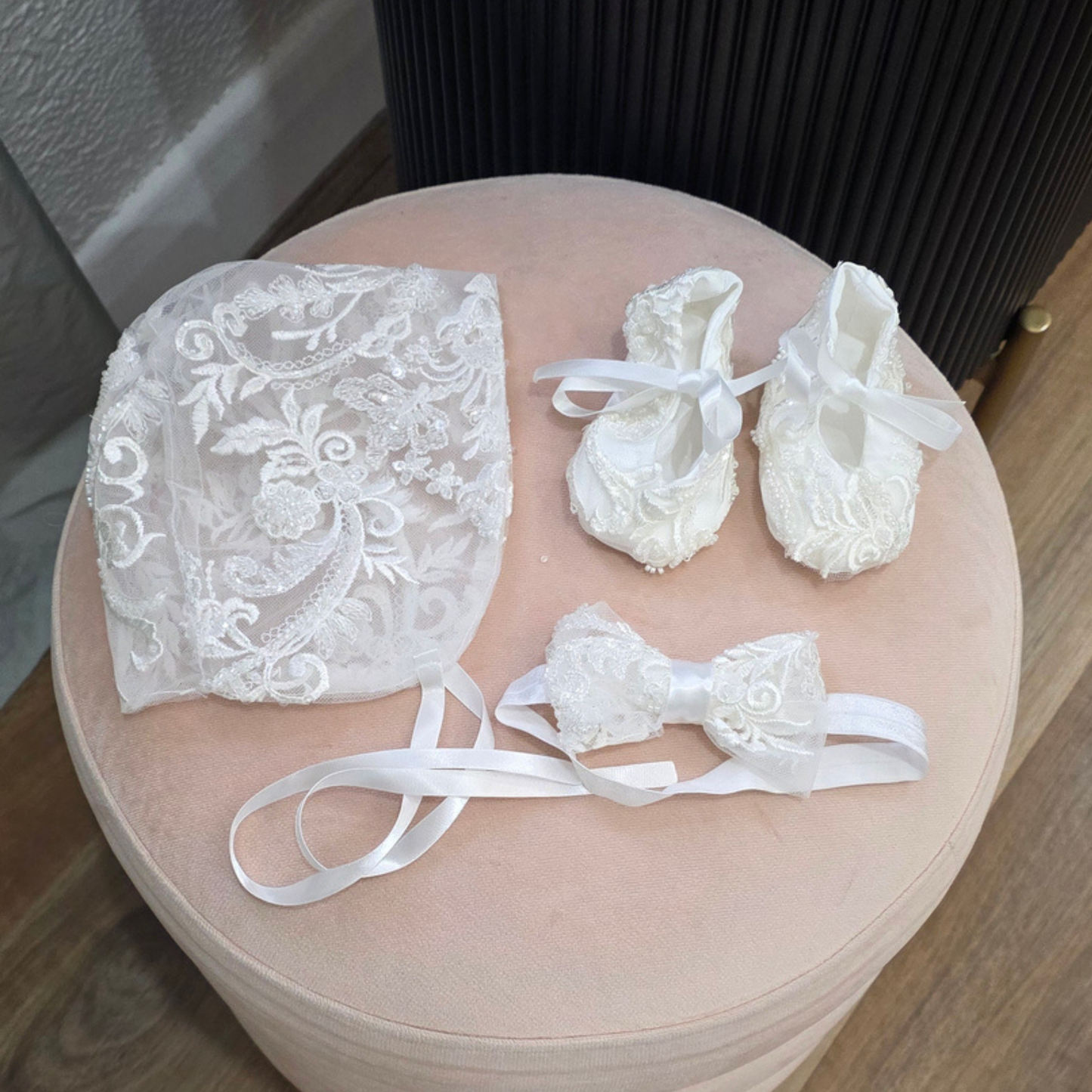 Handmade baptism bonnet, shoes and headband for newborn baby