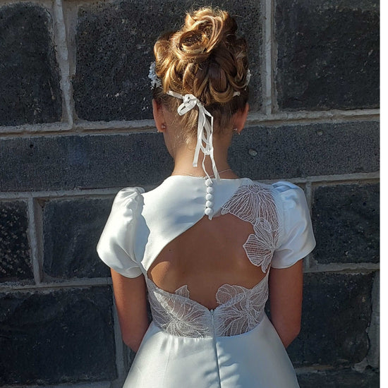 lace back communion dress