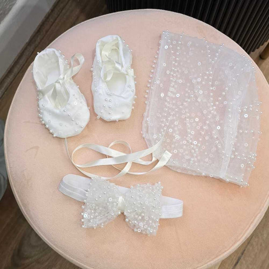 christening bonnets, shoes and headband