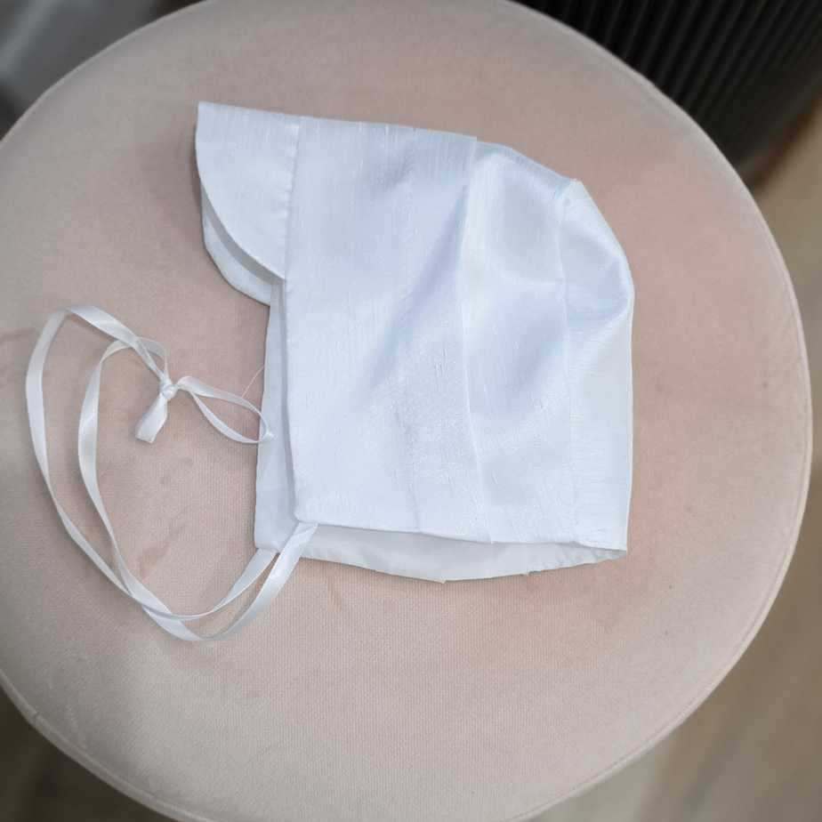 White silk boys christening hat with adjustable silk ties for baptism