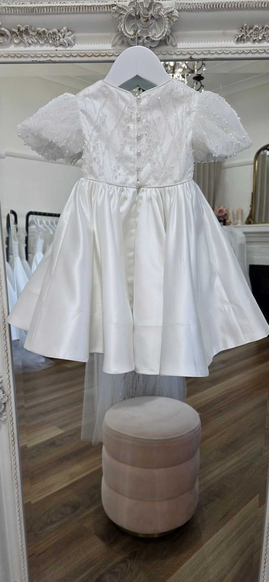 Back view of the Catina designer christening gown with button closure