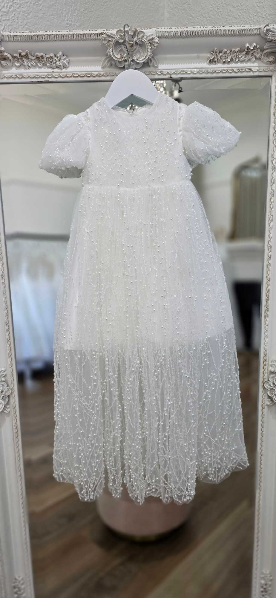 Catina Christening Gown with removable pinny front view by Mini Treasure Kids