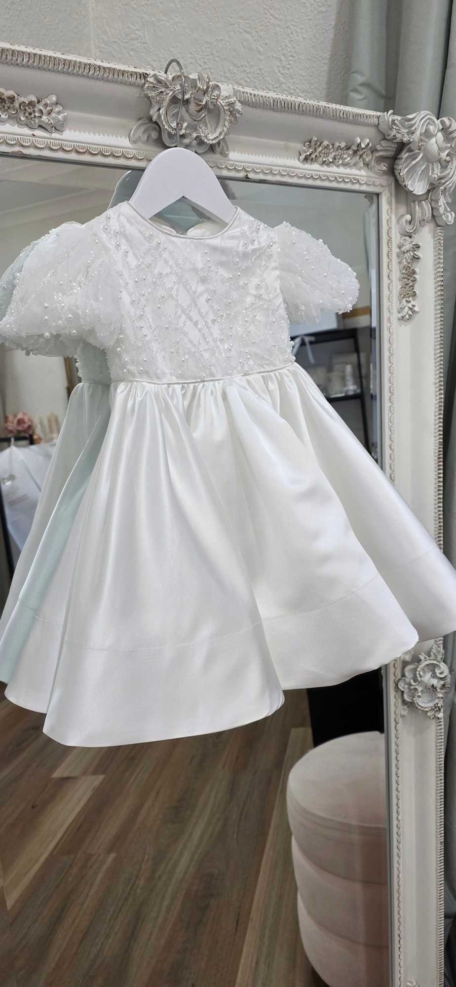 Pearl lace bodice detail on the Catina Christening Gown