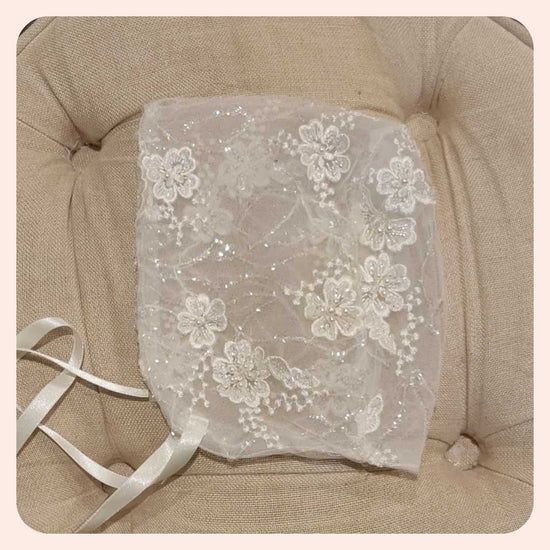 Custom flower beaded lace christening bonnet ivory