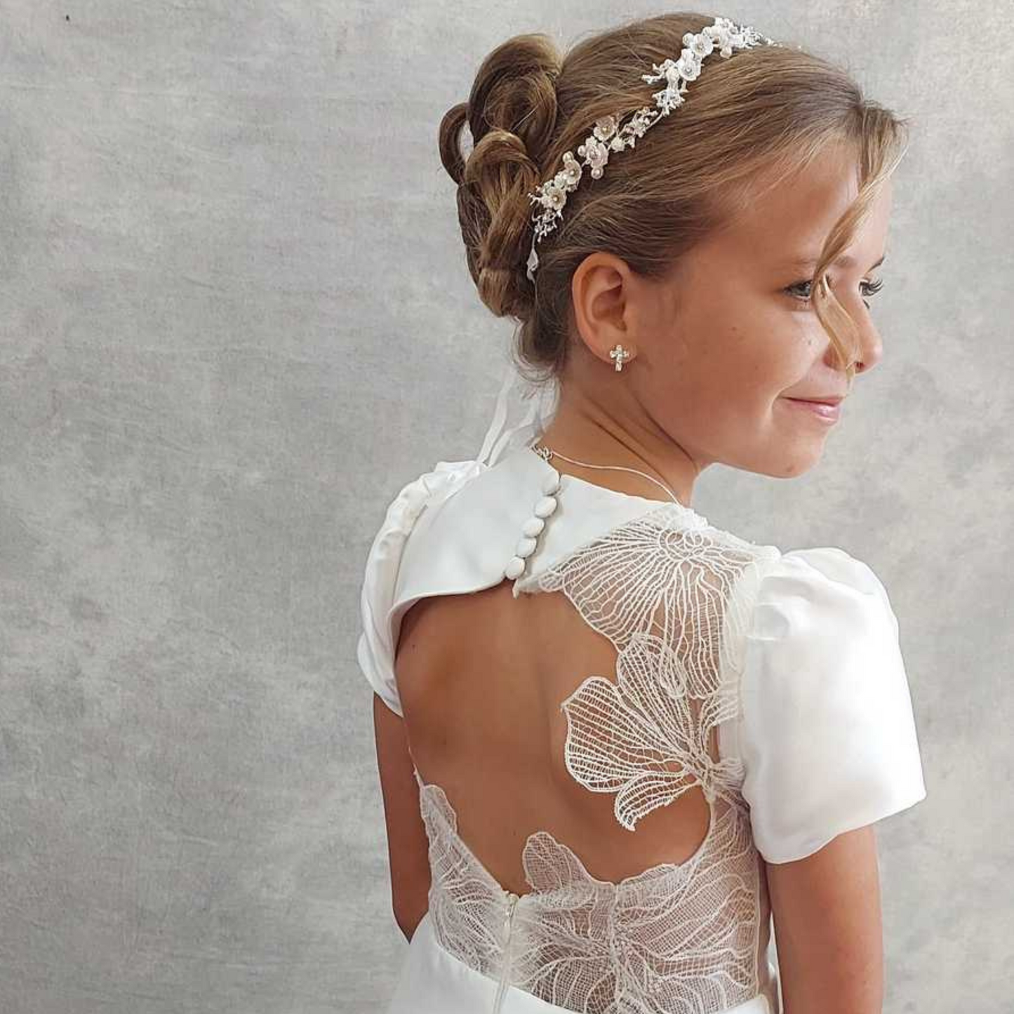 Communion Dress with lace bodice & silk mikado skirt.