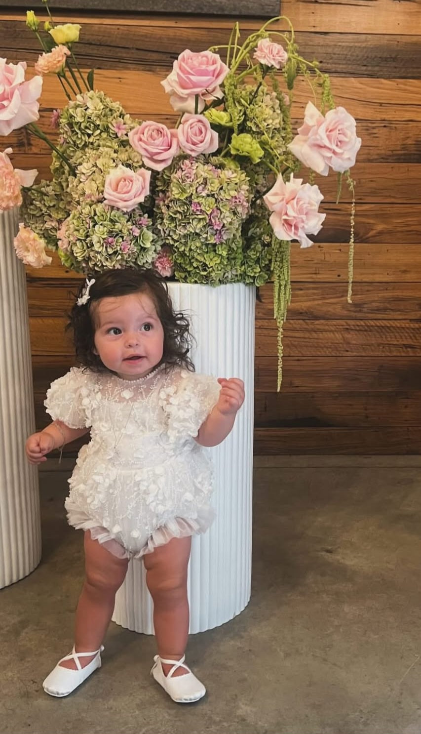 Handmade baby girl christening romper with soft lace fabric