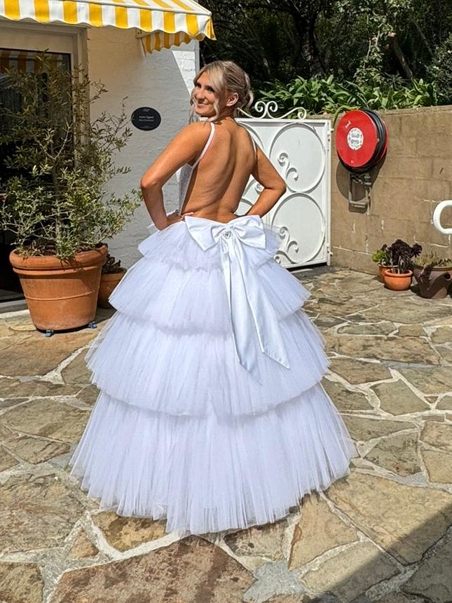 backless maci tiered tulle skirt detail