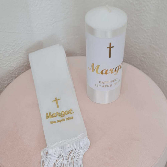 christening candle and stole to celebrate your child baptism