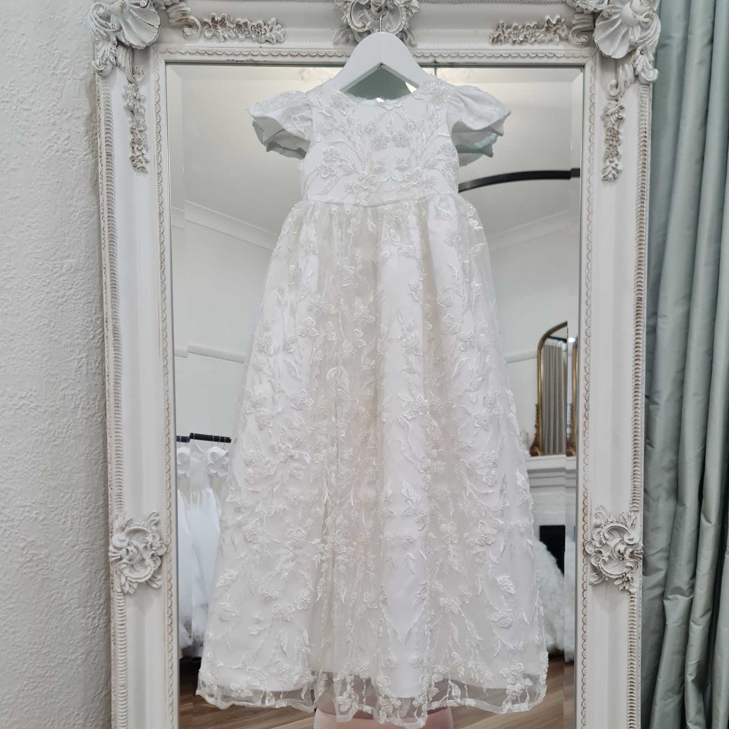 Elene Couture Christening gown - Set comes with headband, bib and shoe |  Caremour