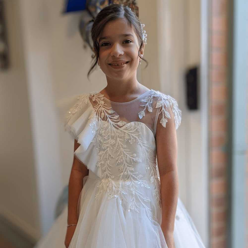 modern first holy communion dresses Marilena glitter Corded Lace Bodice with Plus Size Orange Dresses Waist Size:38″