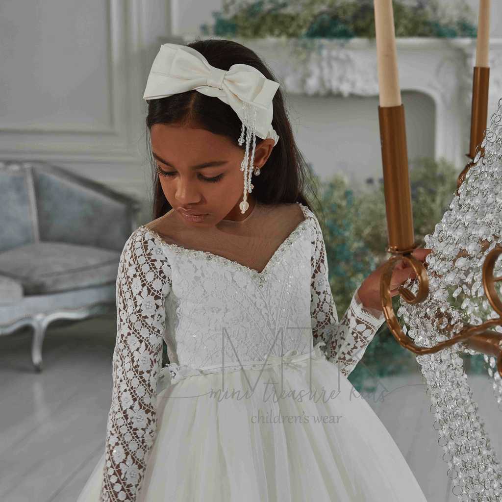 first communion dresses long island White Lace First Communion Dress: Long Puffy Sleeve Tulle Gown