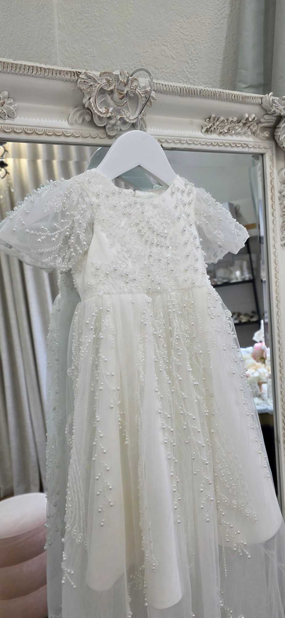 Seraphina Christening Gown by Mini Treasure Kids with pearl lace and embroidery