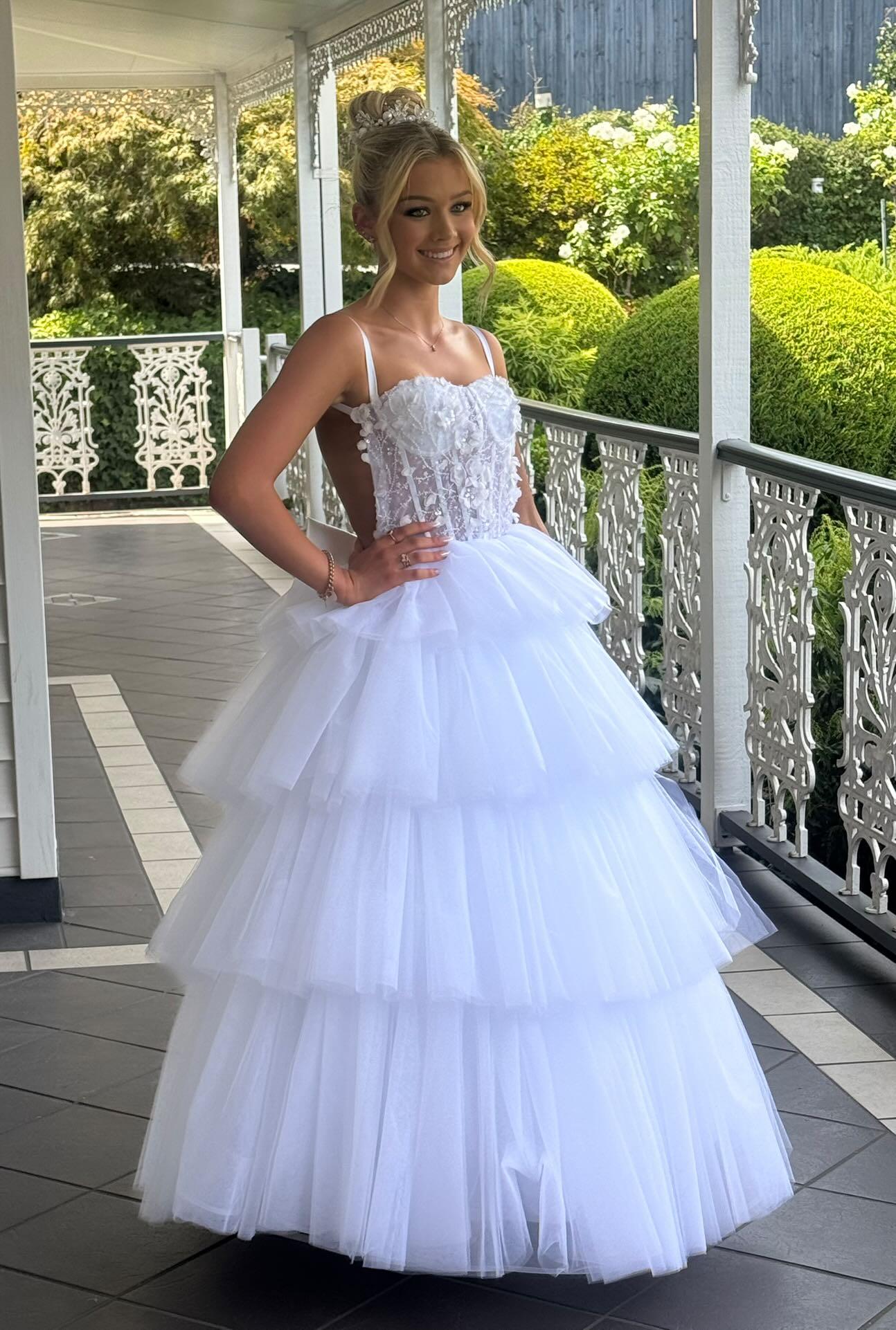 white lace debutante dress