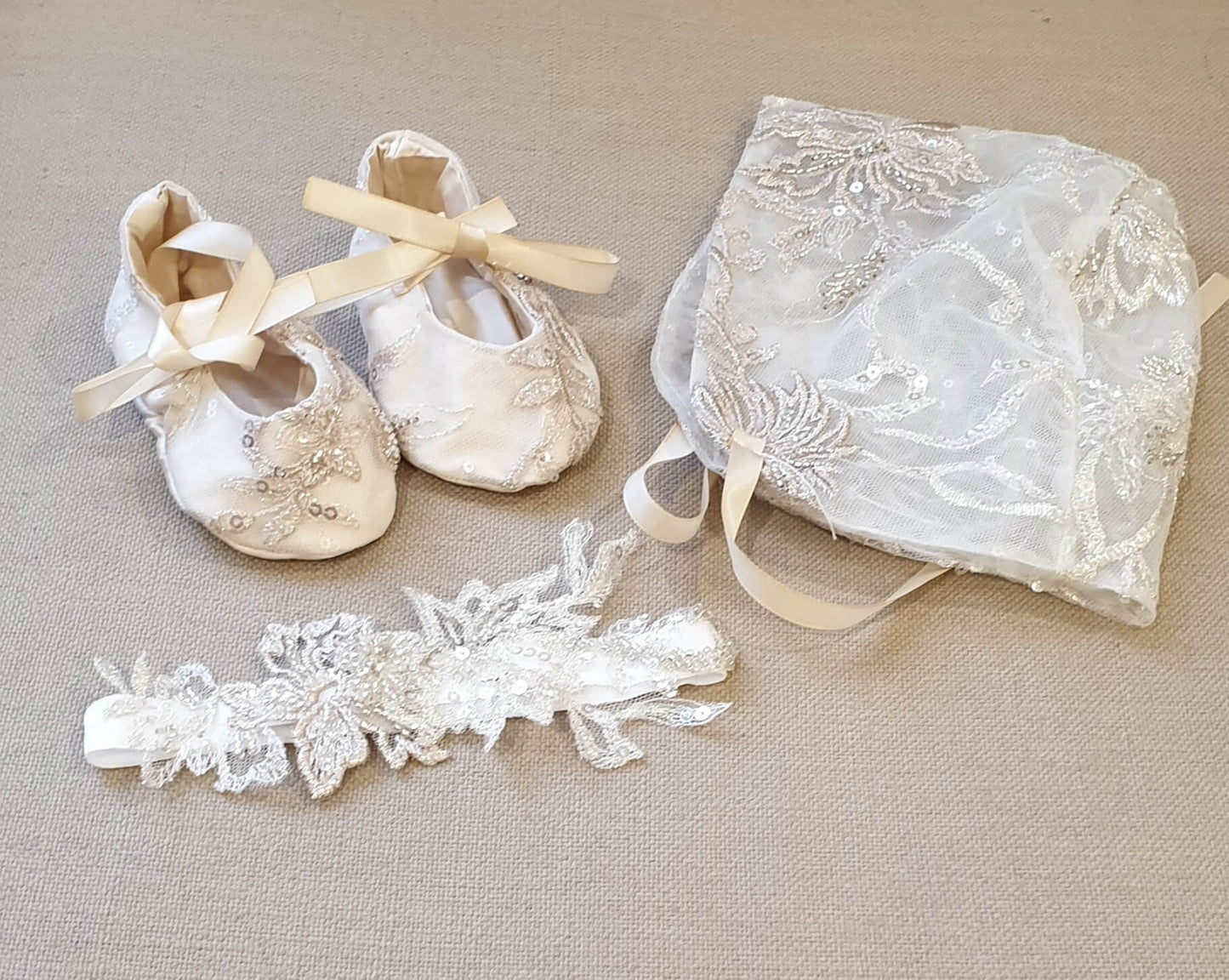 christening shoes, bonnet adn headband set