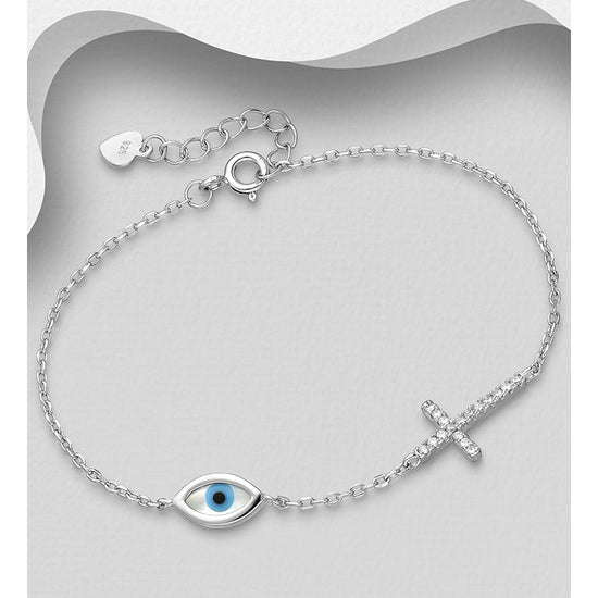 Load image into Gallery viewer, Sterling Silver Cross &amp;amp; Eye Bracelet
