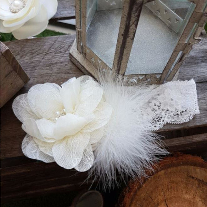 Allira baby headband ivory lace with pearls and diamantés
