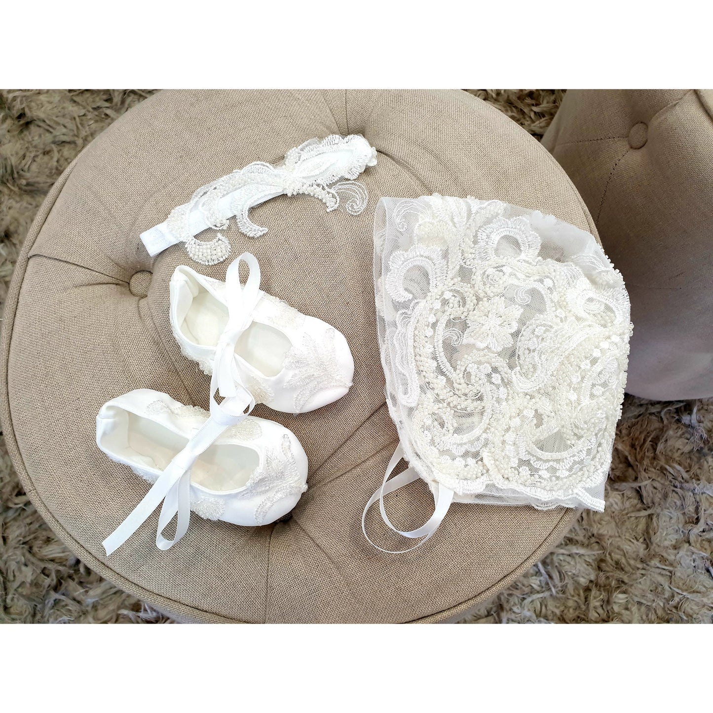 hand made beaded bonnet christening set