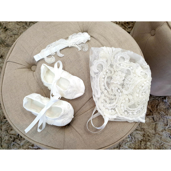 hand made beaded bonnet christening set
