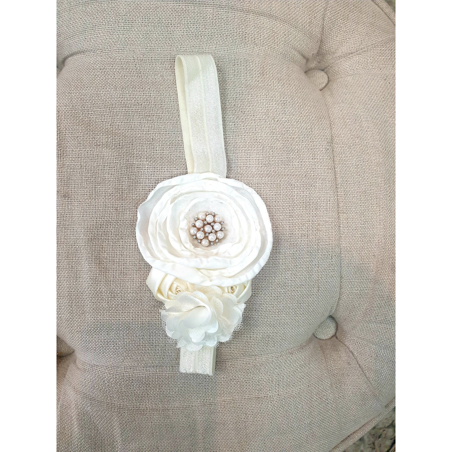 Ivory satin rose baby headband with pearl centre