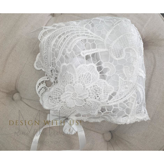 Ivory lace christening bonnet with satin ribbon