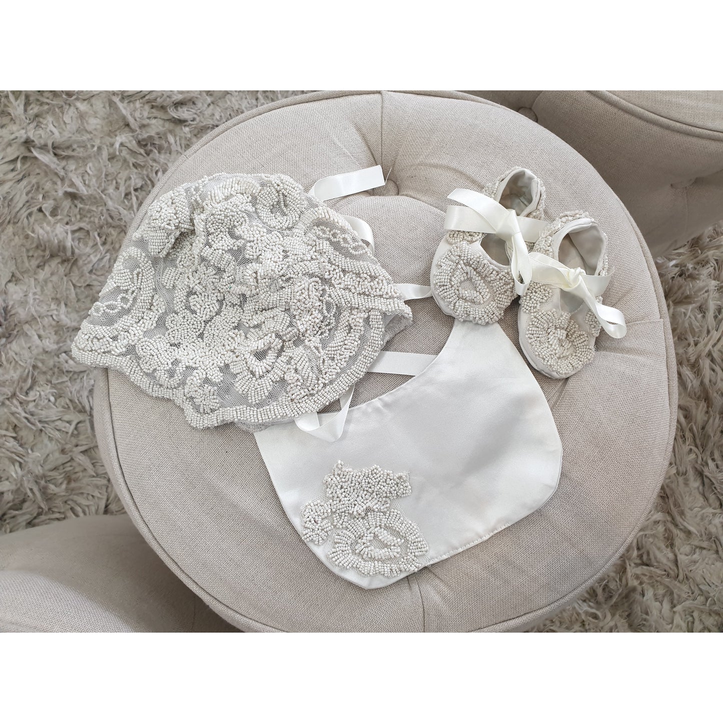 Girls christening bonnet headband and shoes in ivory