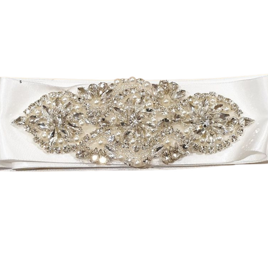 Load image into Gallery viewer, Hand made satin belt with pearl and diamante
