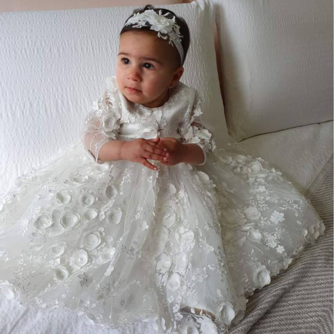 Macis Design Contrast Flower Christening Gown & Accessories CH258 – Sara's  Children's Boutique