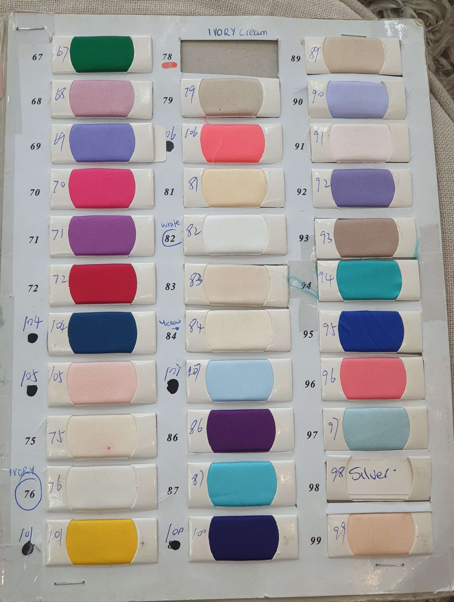 satin colour chart