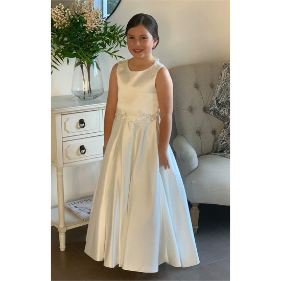 white satin communion dress