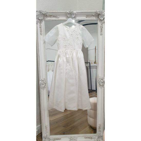 Load image into Gallery viewer, Lace Bodice with Gathered Satin Communion Dress
