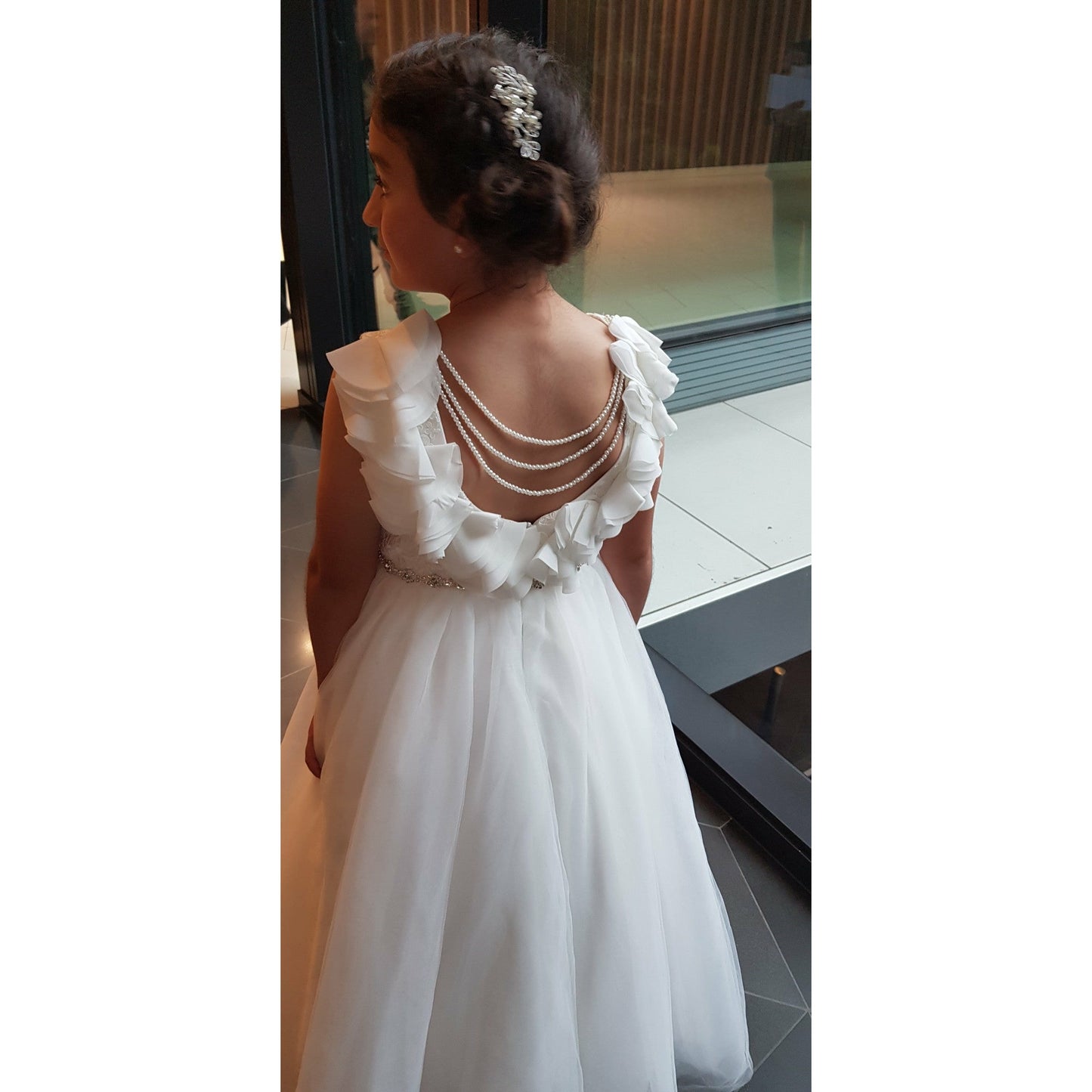 flwoer and pearl lace first holy communion dress