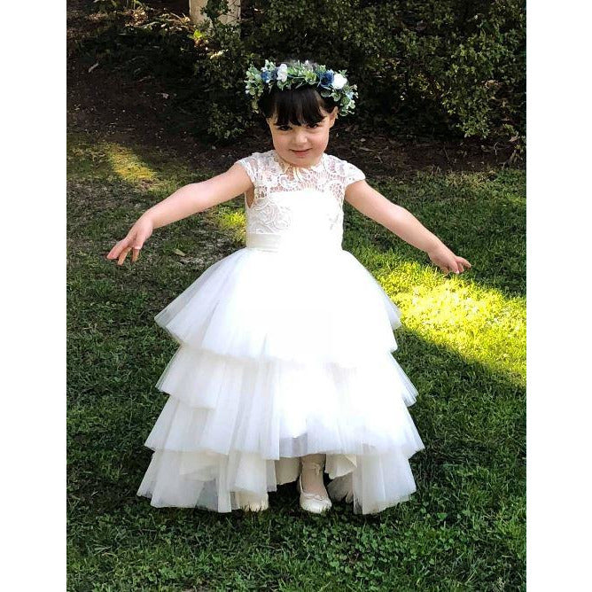 Custom Made Guipure lace dress with high and low skirt