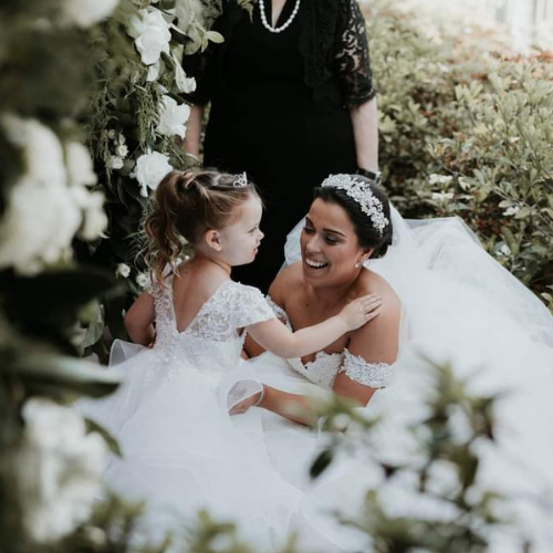Modern ivory Flower Girl Dress With Swirl Skirt