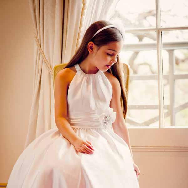 Load image into Gallery viewer, Halter Communion dress with Satin skirt
