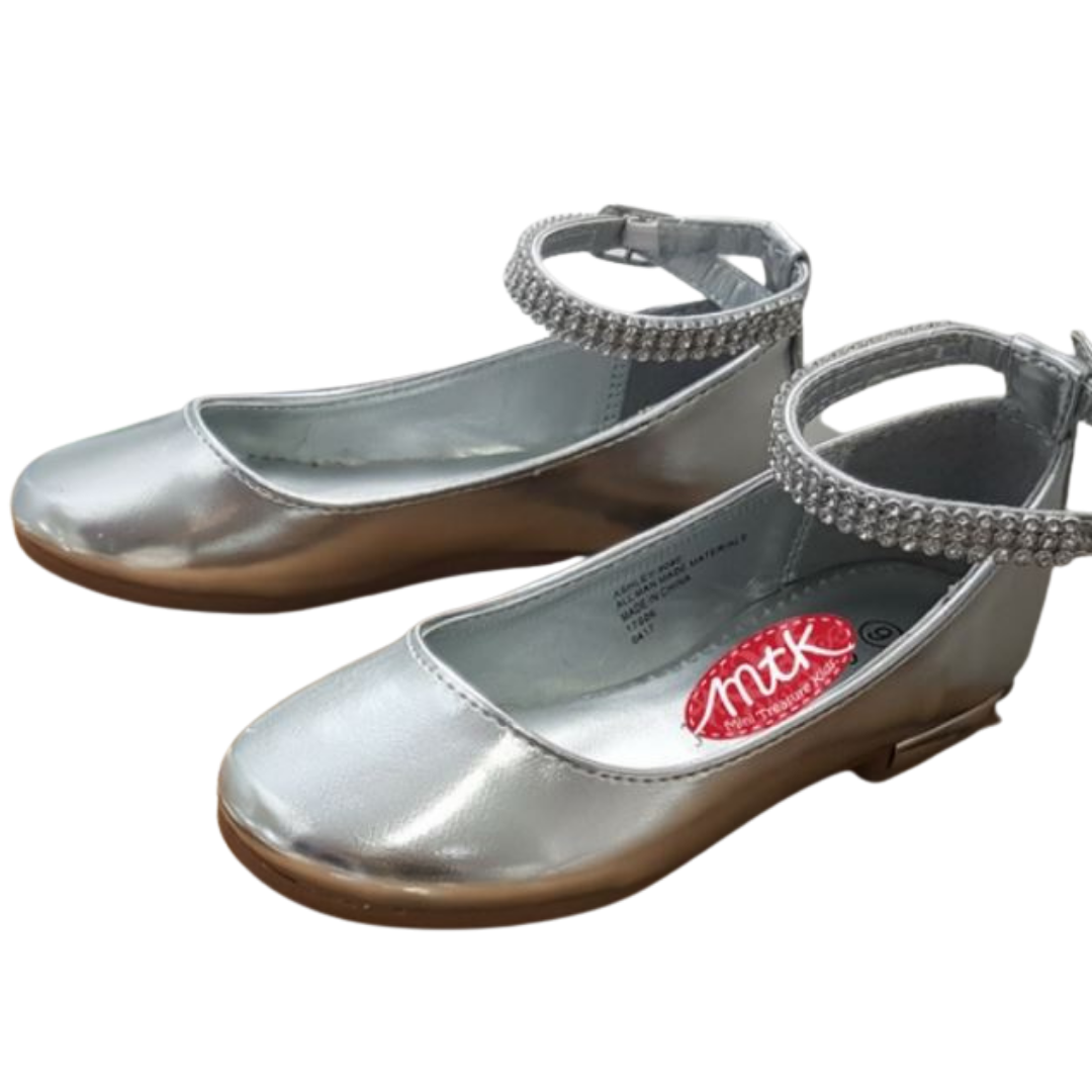 Diamante strap girls communion silver shoe